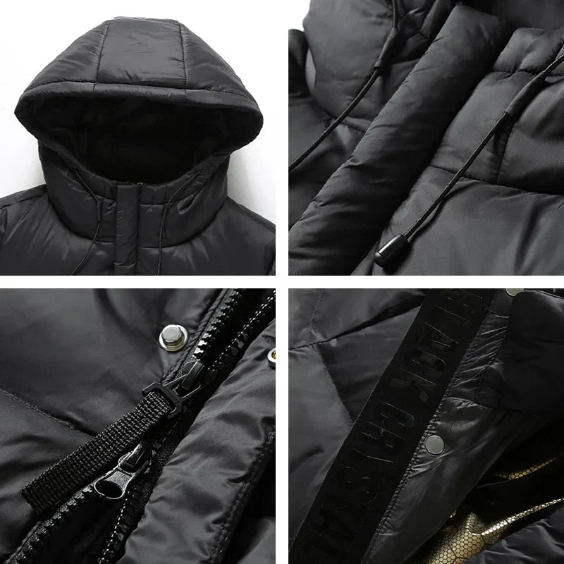 Langer Steppmantel mit Kapuze Schwarz Gepolsterte Winterjacke