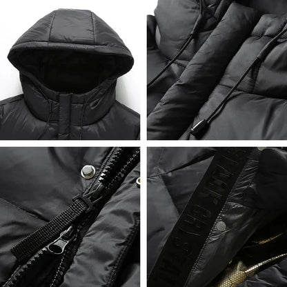Langer Steppmantel mit Kapuze Schwarz Gepolsterte Winterjacke