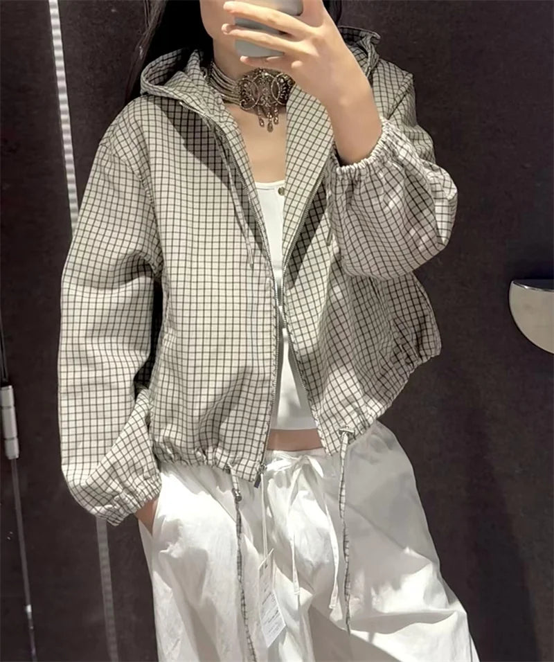 Damen karierte Kapuzenjacke cropped mit Reißverschluss