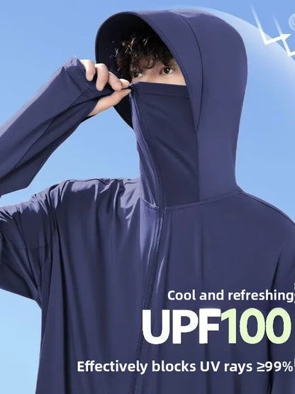 UV-protection jacket with hood and face mask, zipper, for men