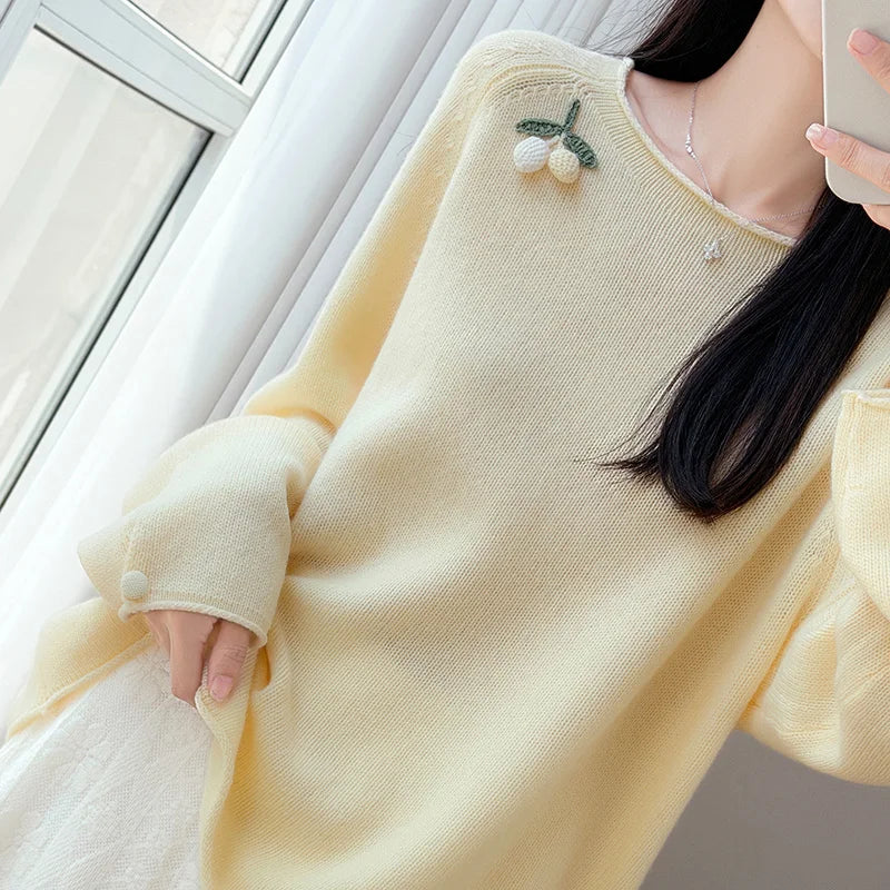 Women's Crew-Neck Long-Sleeve Sweater with Fruit Appliqué and Soft Knit