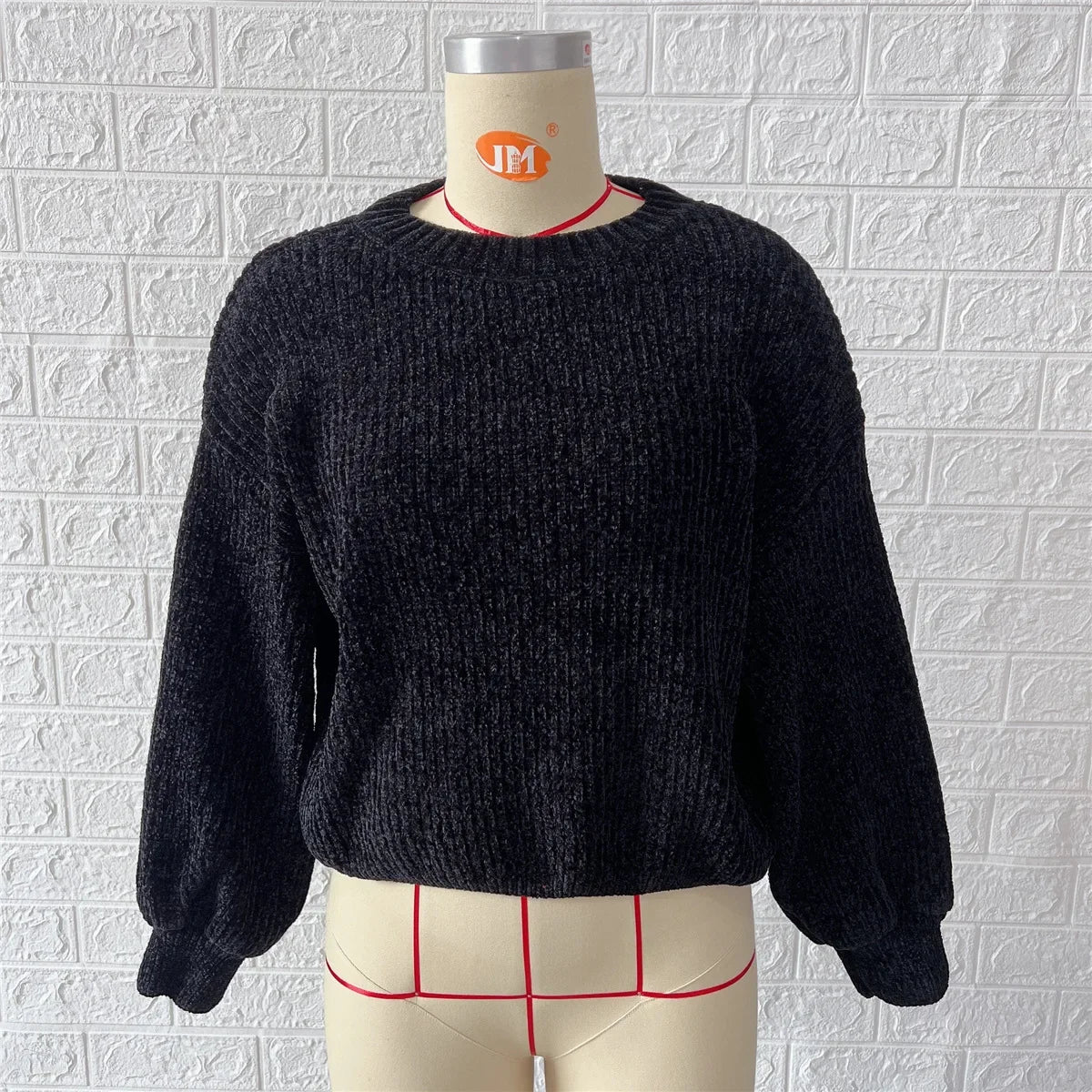 Damen Rib-Pullover Weiche Struktur Langarm Schwarz