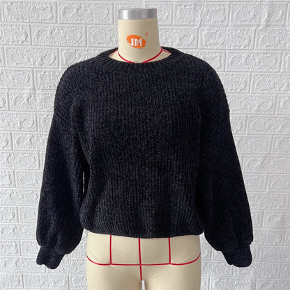 Damen Rib-Pullover Weiche Struktur Langarm Schwarz