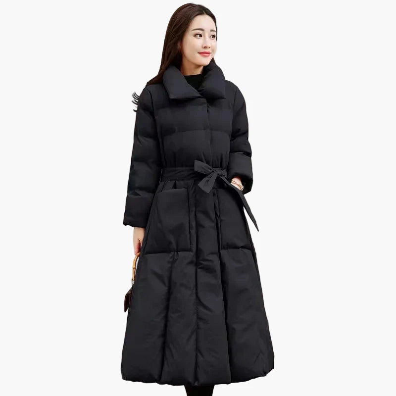 Women's Quilted Coat Winter Long Elegant Warm with Belt – Fashionable Outdoor Coat for Everyday and Leisure