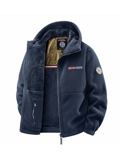 Men's fleece jacket with hood and zipper, lined, in various colors