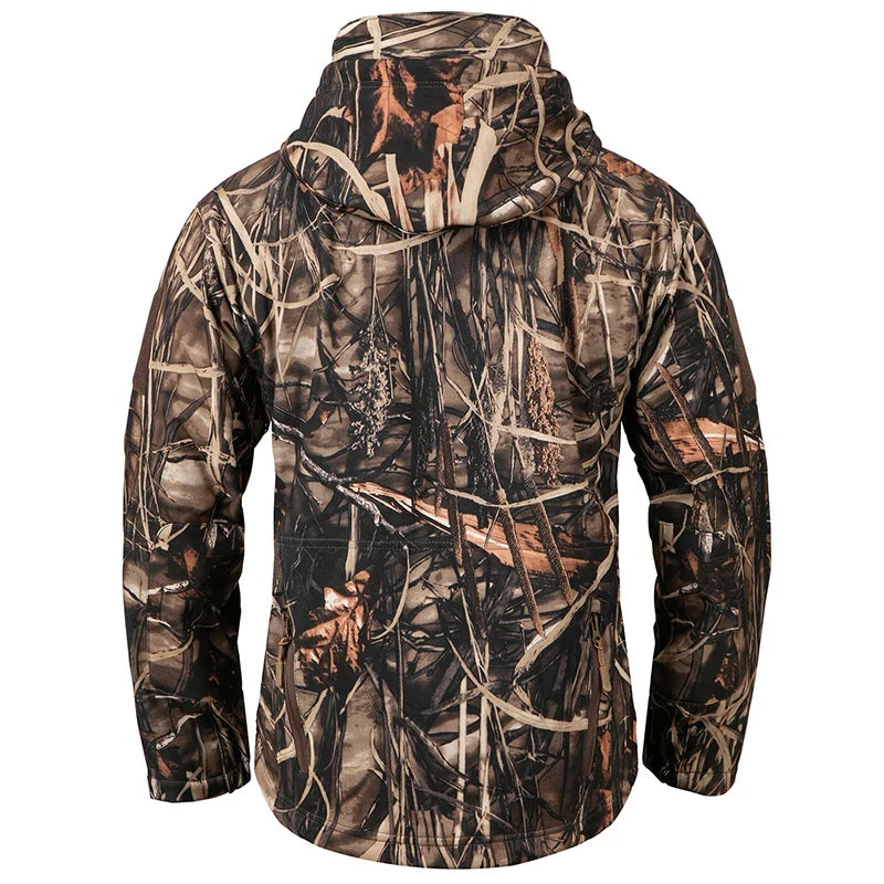 Camouflage outdoor jacket with hood and zippered pockets