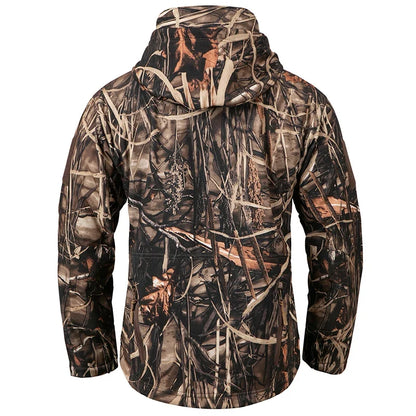Camouflage outdoor jacket with hood and zippered pockets