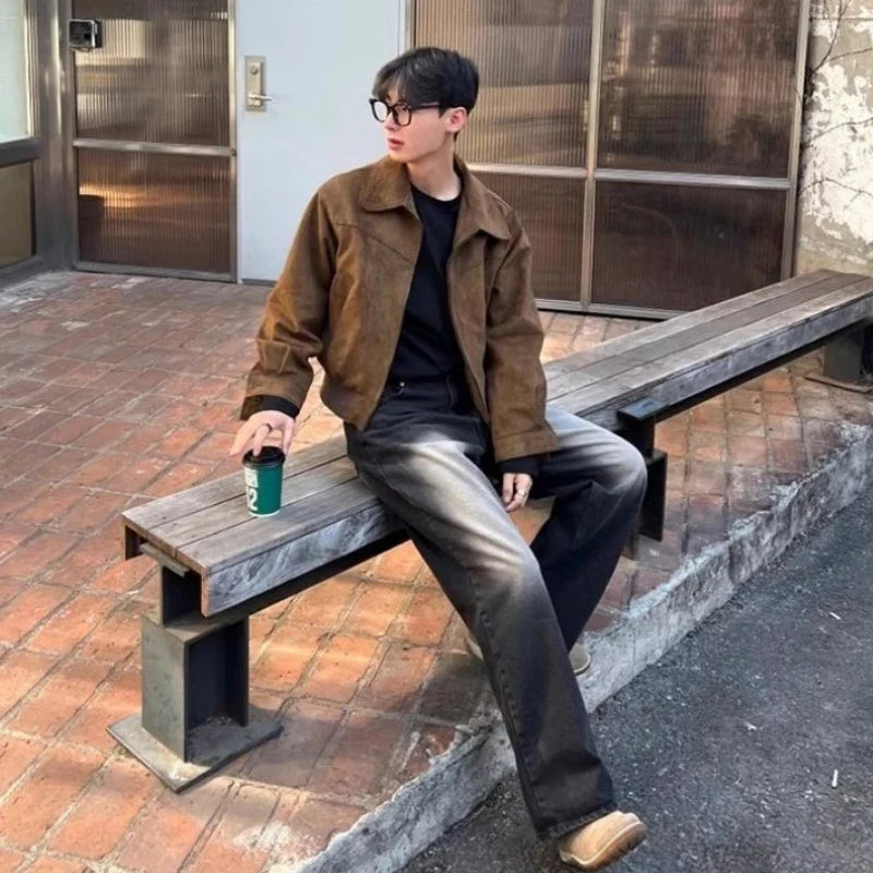 Men's Short Jacket with Zipper and Suede-Look Collar Brown