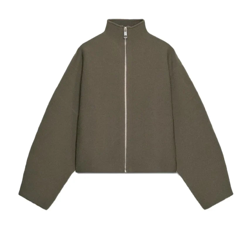 Short stand-collar jacket with zipper, olive green