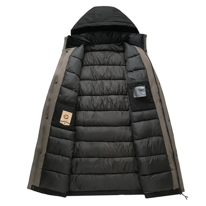 Long men's winter parka coat - Red with hood