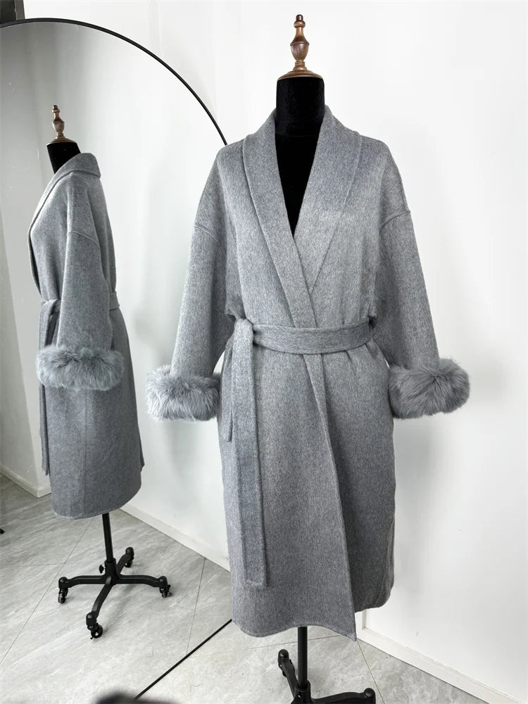 Short women's wrap coat with faux-fur sleeves and tie belt