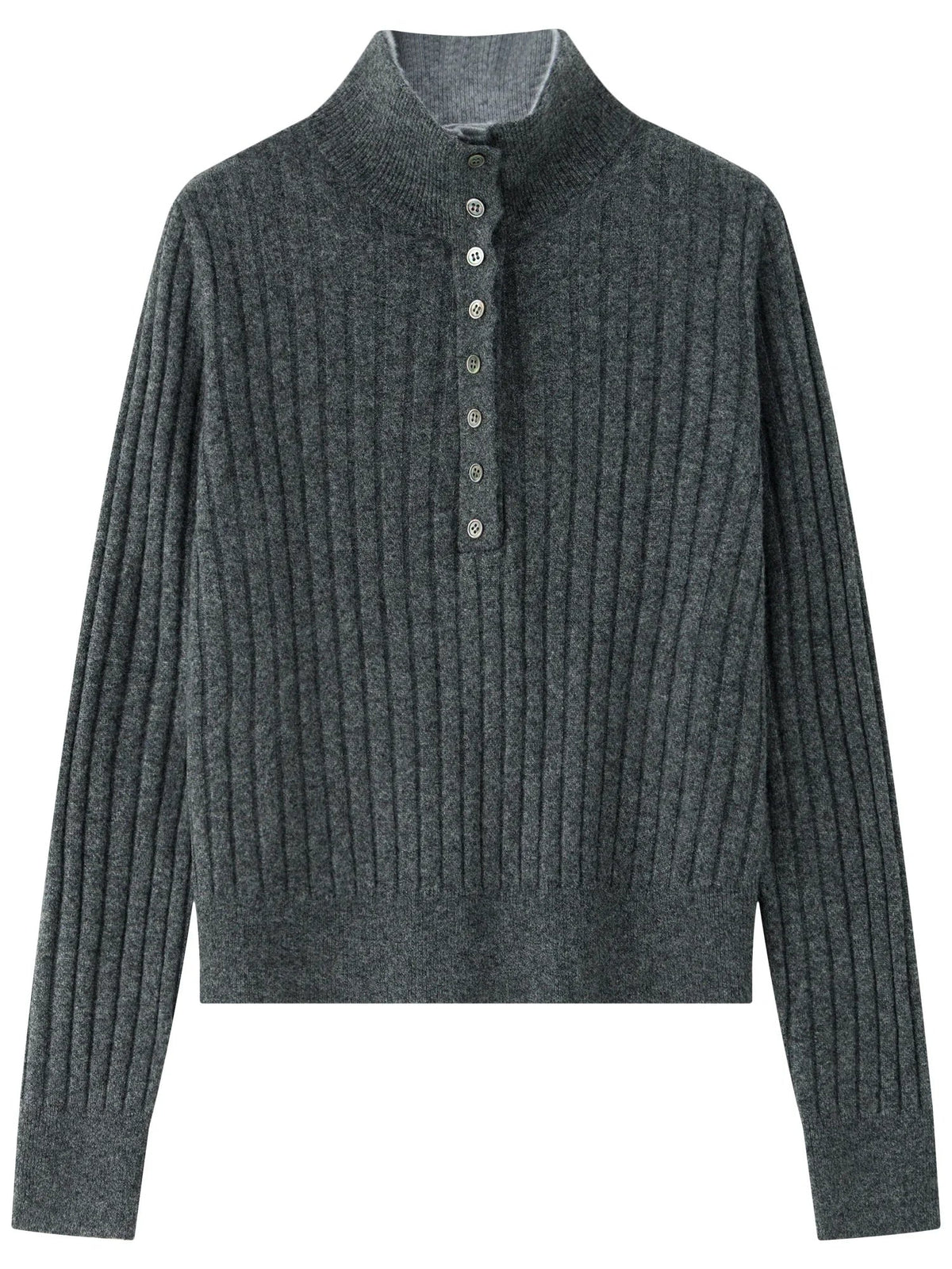 Gerippter Pullover Damen Dunkelgrau mit Polokragen & Knopfleiste