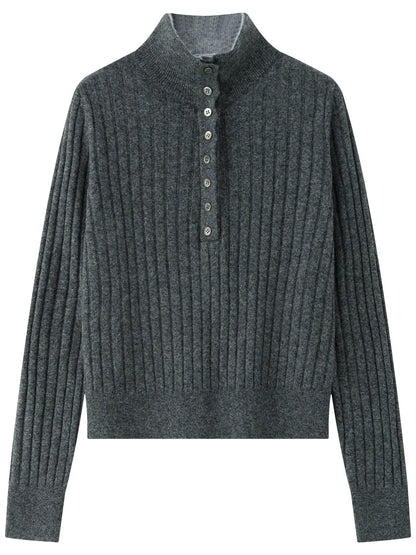 Gerippter Pullover Damen Dunkelgrau mit Polokragen & Knopfleiste