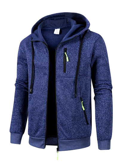 Men's hoodie with zip closure, hooded jacket, heathered or solid-colored with neon accents
