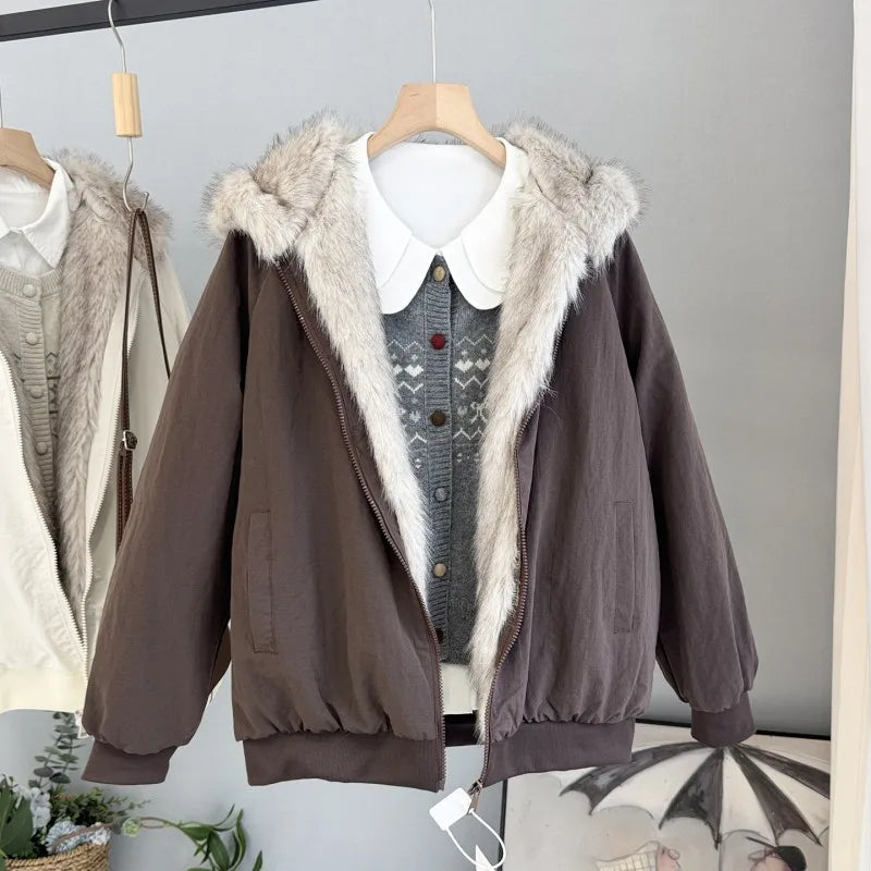 Damen Bomberjacke mit Kapuze Pelzimitat Futter Reißverschluss khaki