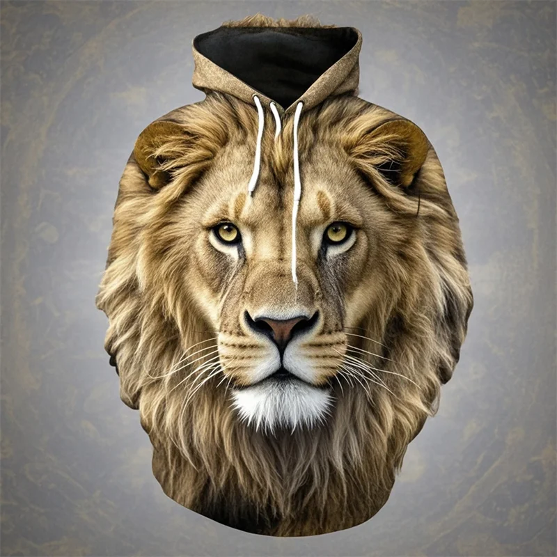 Hoodie with lion head print, beige/brown