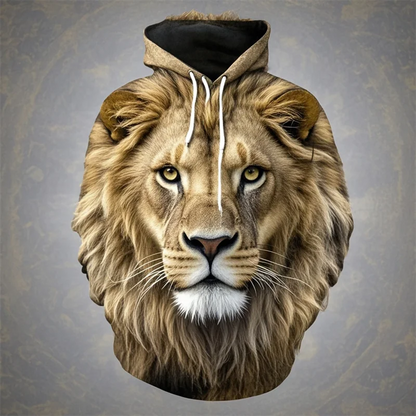 Hoodie with lion head print, beige/brown