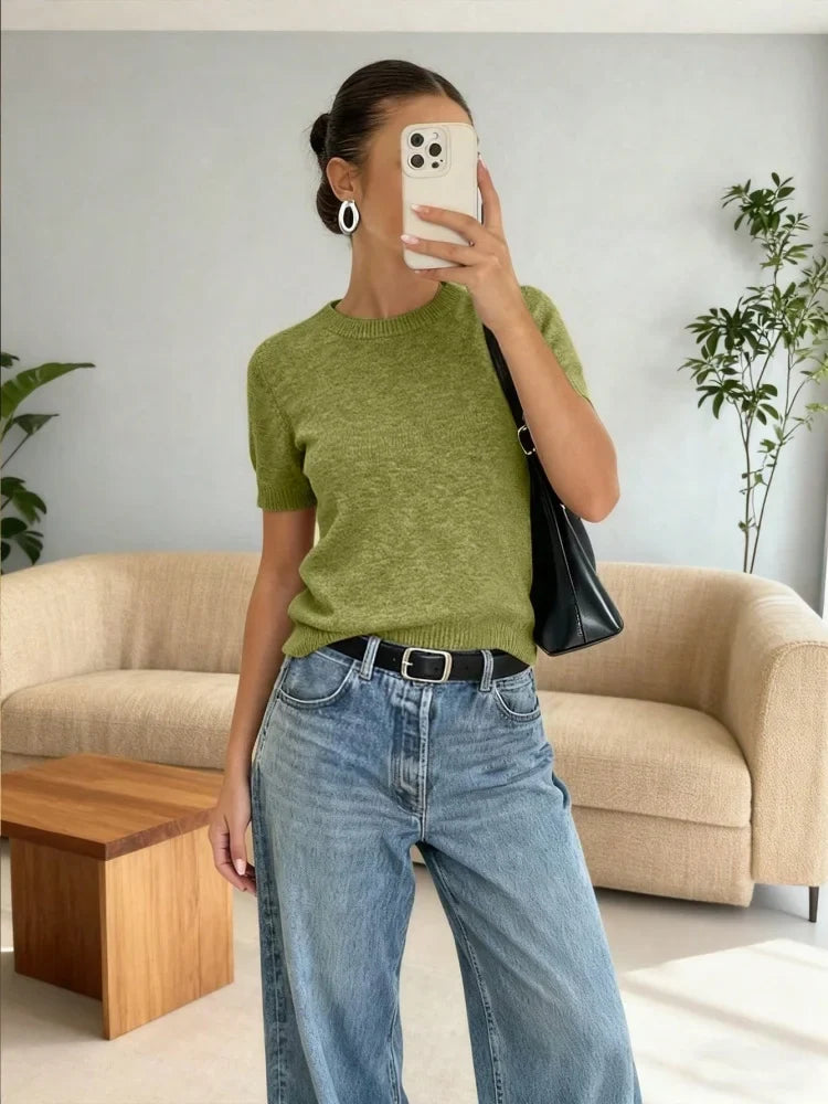 Women's beige short-sleeve knit top, crew neck, sweater