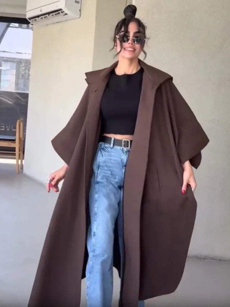 Women's long brown coat with loose oversized fit