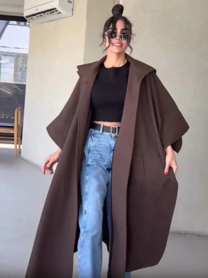 Women's long brown coat with loose oversized fit