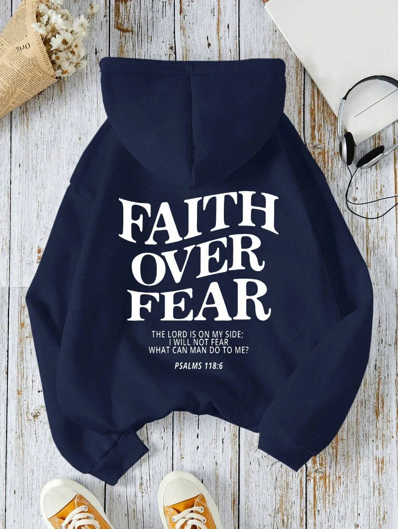 Hoodie with "Faith Over Fear" lettering and Bible quote, oversized hoodie