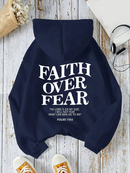 Hoodie with "Faith Over Fear" lettering and Bible quote, oversized hoodie