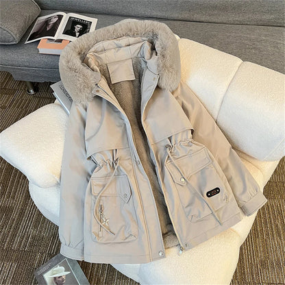 Women's winter parka with hood, faux-fur lining, drawstring, warm jacket