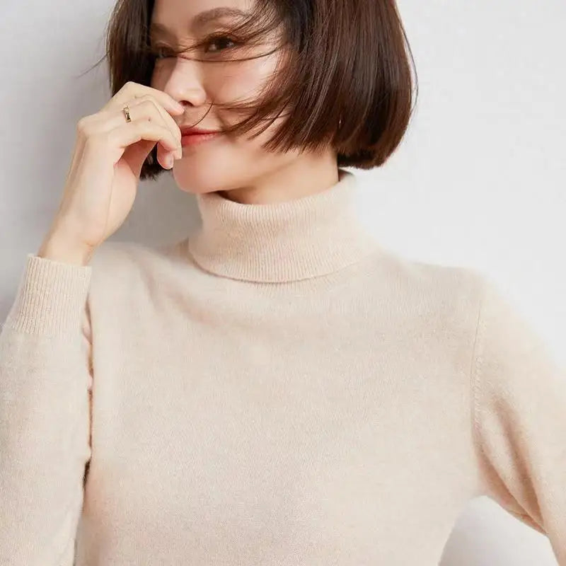 Women's long-sleeved turtleneck knitted sweater, warm, solid color