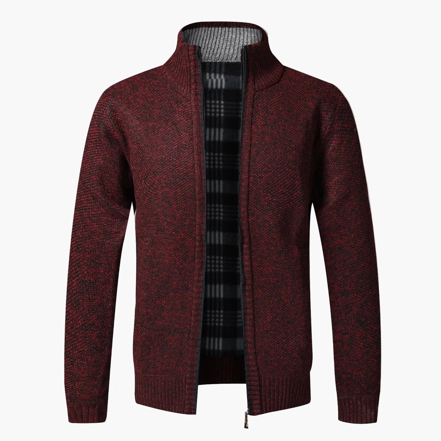 Herren Strick-Cardigan mit Stehkragen und kariertem Innenfutter – modische Freizeitjacke