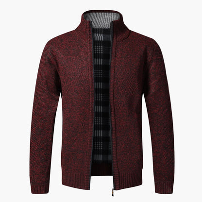 Herren Strick-Cardigan mit Stehkragen und kariertem Innenfutter – modische Freizeitjacke
