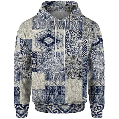 Patchwork-design hoodie with mixed patterns and hood