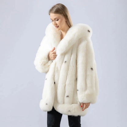 Women's luxurious white coat with hood and dark accents