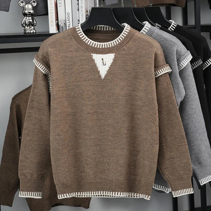 Men's Crew-Neck Knit Sweater with Pattern Detail and Contrast Cuffs