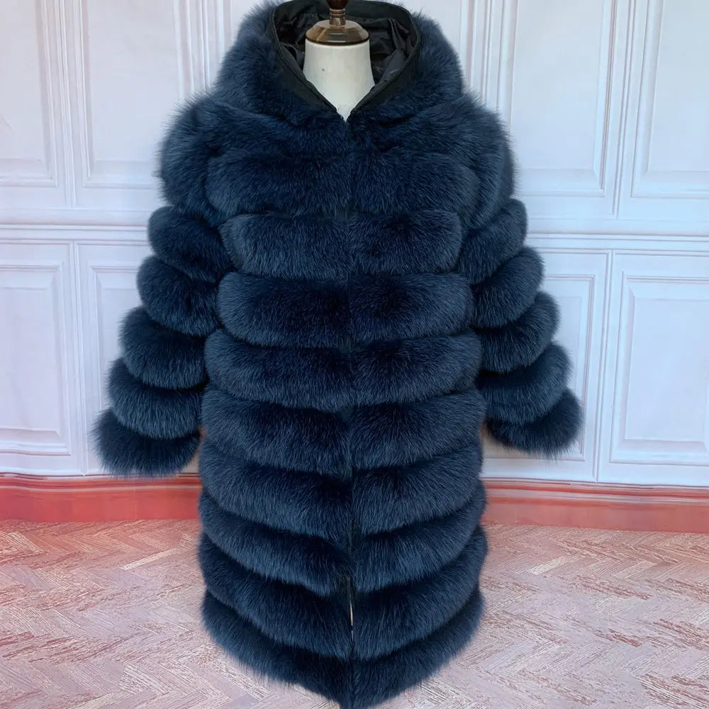 Women's winter faux fur coat with hood, long sleeves, warm jacket, striped
