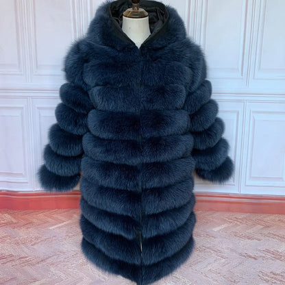 Women's winter faux fur coat with hood, long sleeves, warm jacket, striped