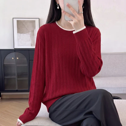 Women's ribbed knit sweater, long sleeves, crew neck, two-tone light blue