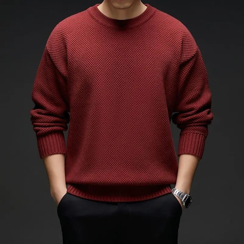 Herren Strickpullover Rundhals Grau Waffelstruktur