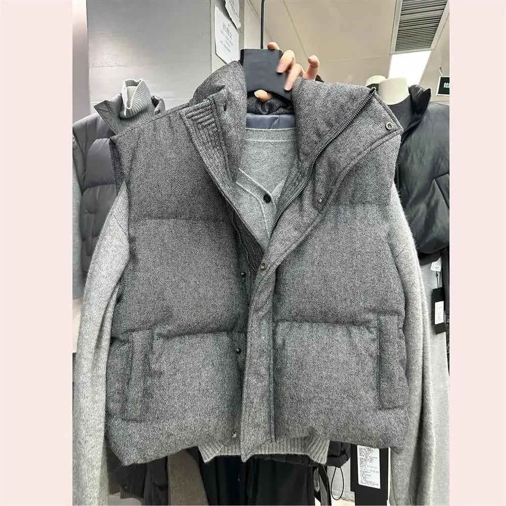 Women's Quilted Vest Gray High Collar Sleeveless Jacket