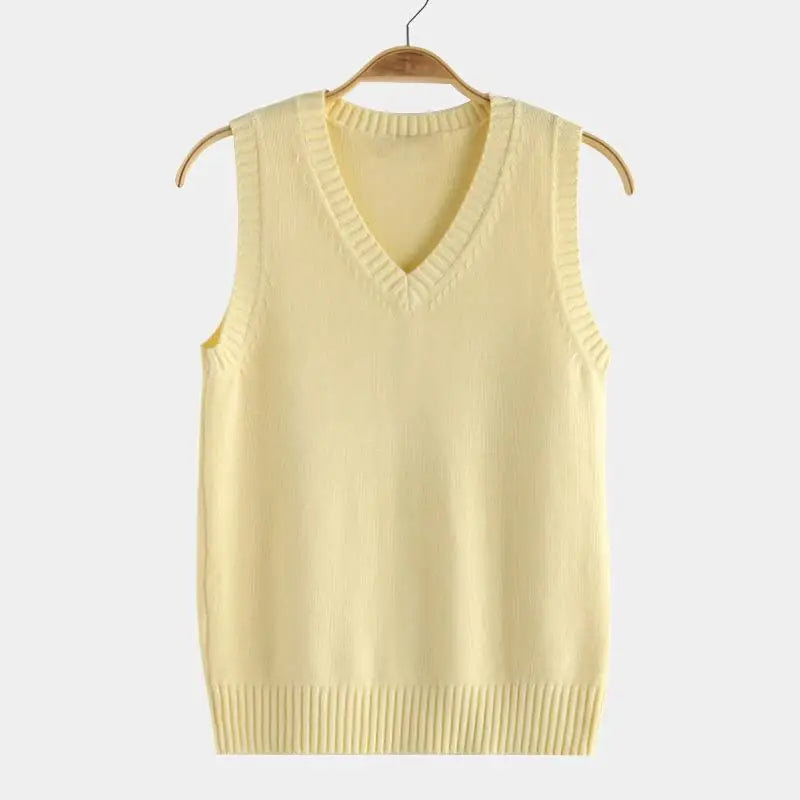 Unisex knitted vest V-neck sleeveless ribbed trim solid color