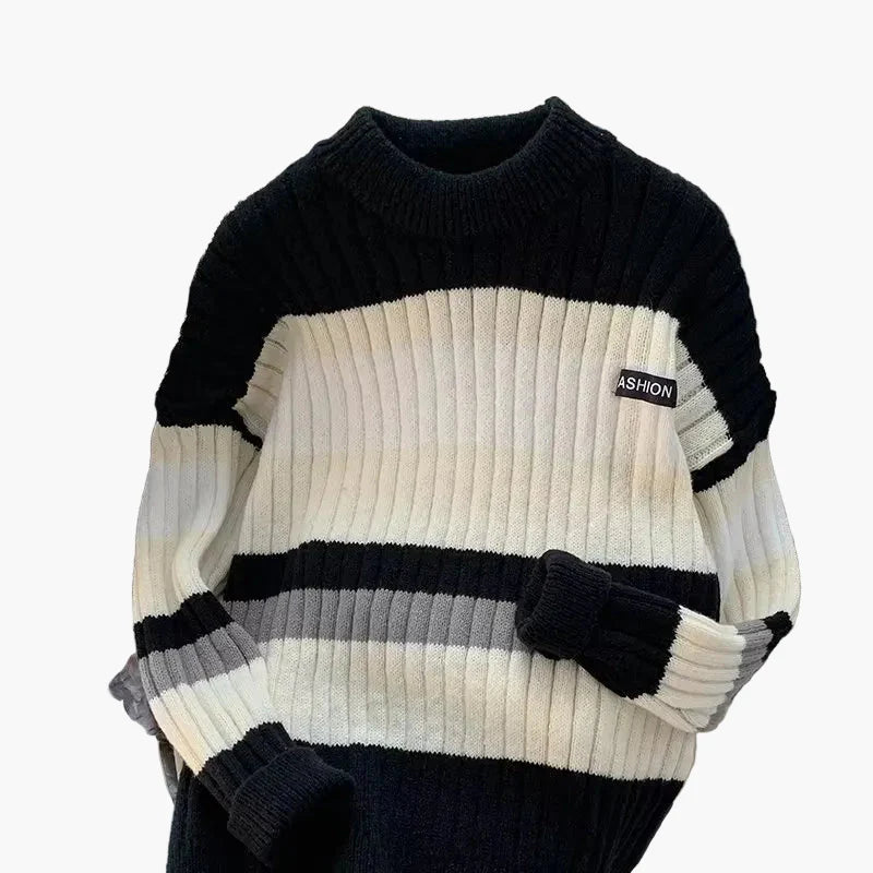 Men's chunky knit pullover with stripes – fashionable casual sweater for everyday and winter
