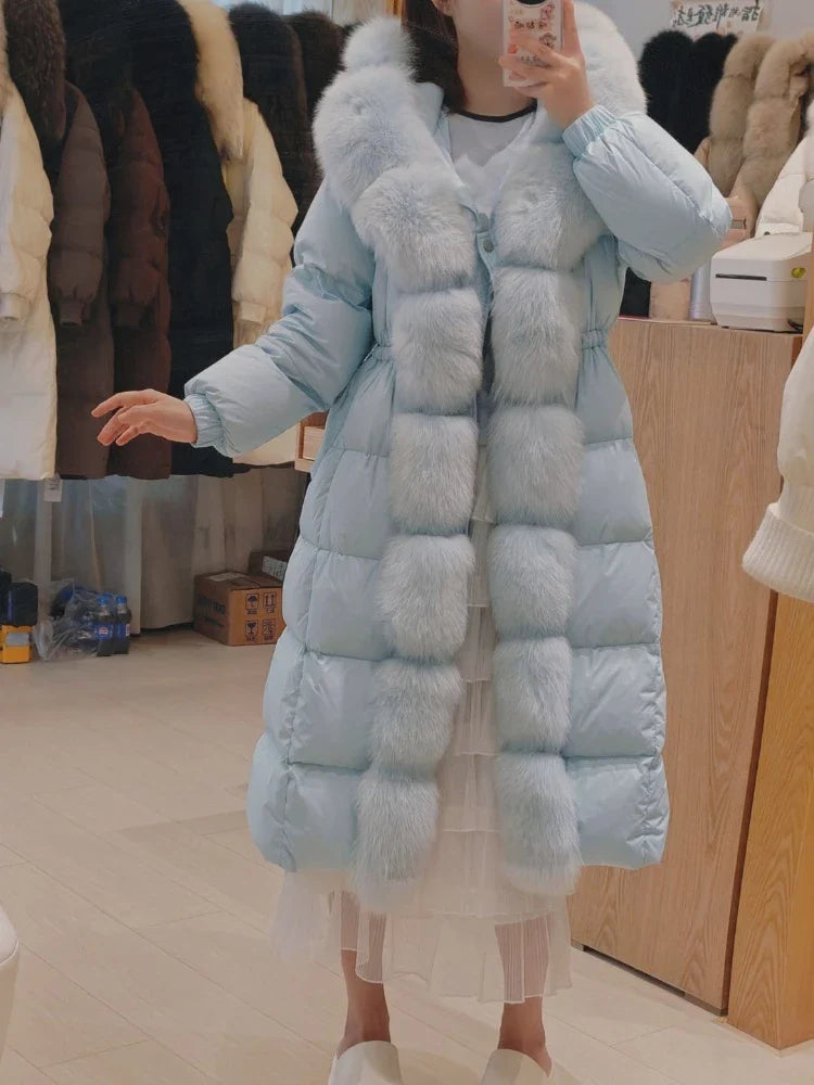 Women's Long Down Coat with Hood and Faux Fur Trim, Warm Winter Jacket