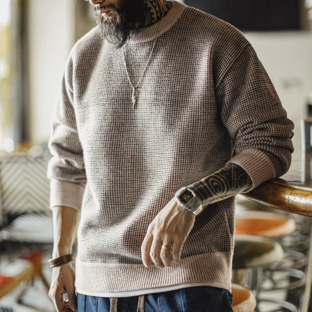 Herren Pullover Waffelstrick Rundhalsausschnitt Beige