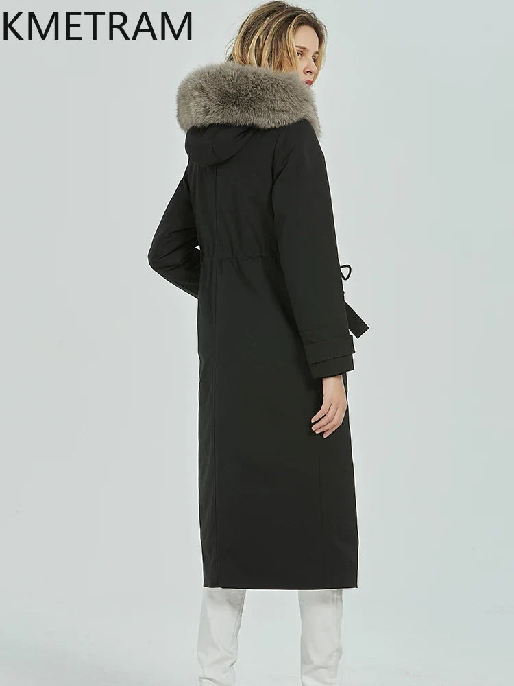 Damen Winterparka Lang Schwarz mit Kunstfellfutter und Kapuze