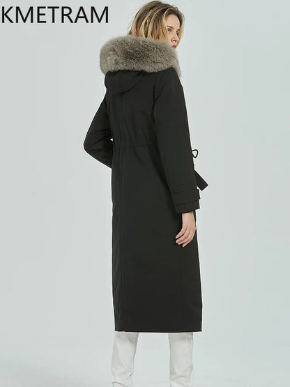 Damen Winterparka Lang Schwarz mit Kunstfellfutter und Kapuze