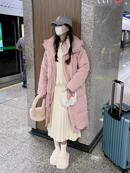 Women's long quilted coat with hood, solid colors