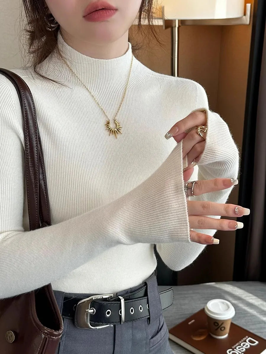 Women's rib-knit turtleneck sweater, long sleeve, close-fitting