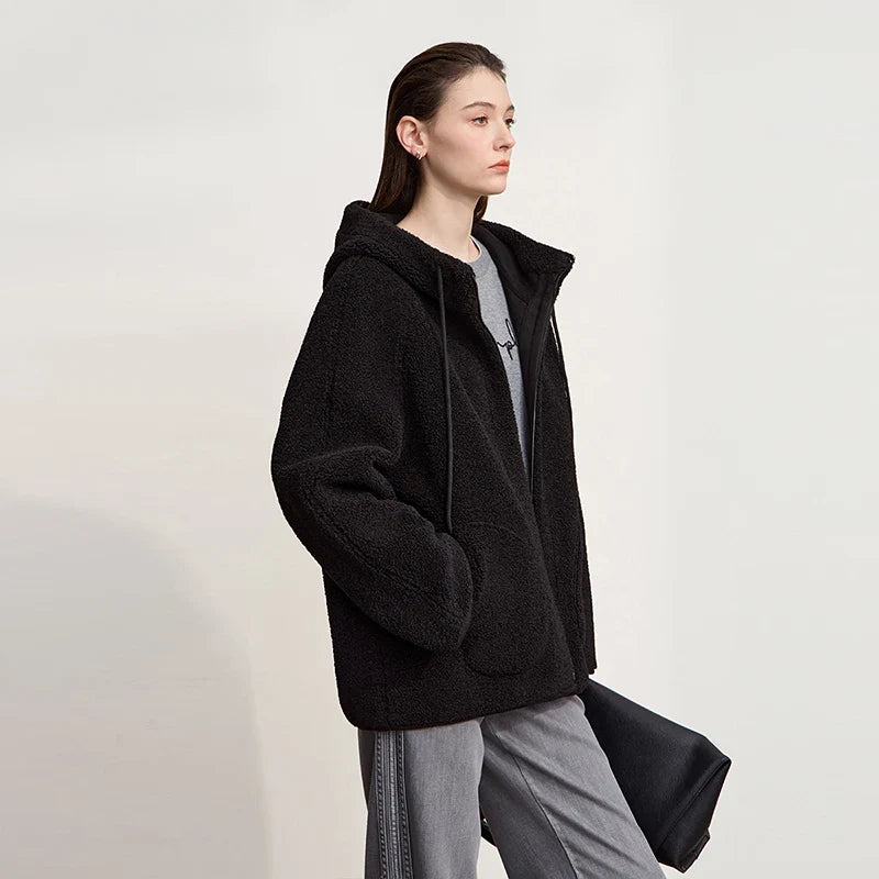 Women's short teddy-style hooded jacket, soft, zipper, beige