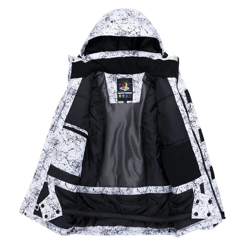 Bunte Outdoor-Jacke mit Kapuze und Muster, wasserabweisend