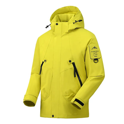 Unisex outdoor jacket with hood and zippered pockets, windproof and water-repellent