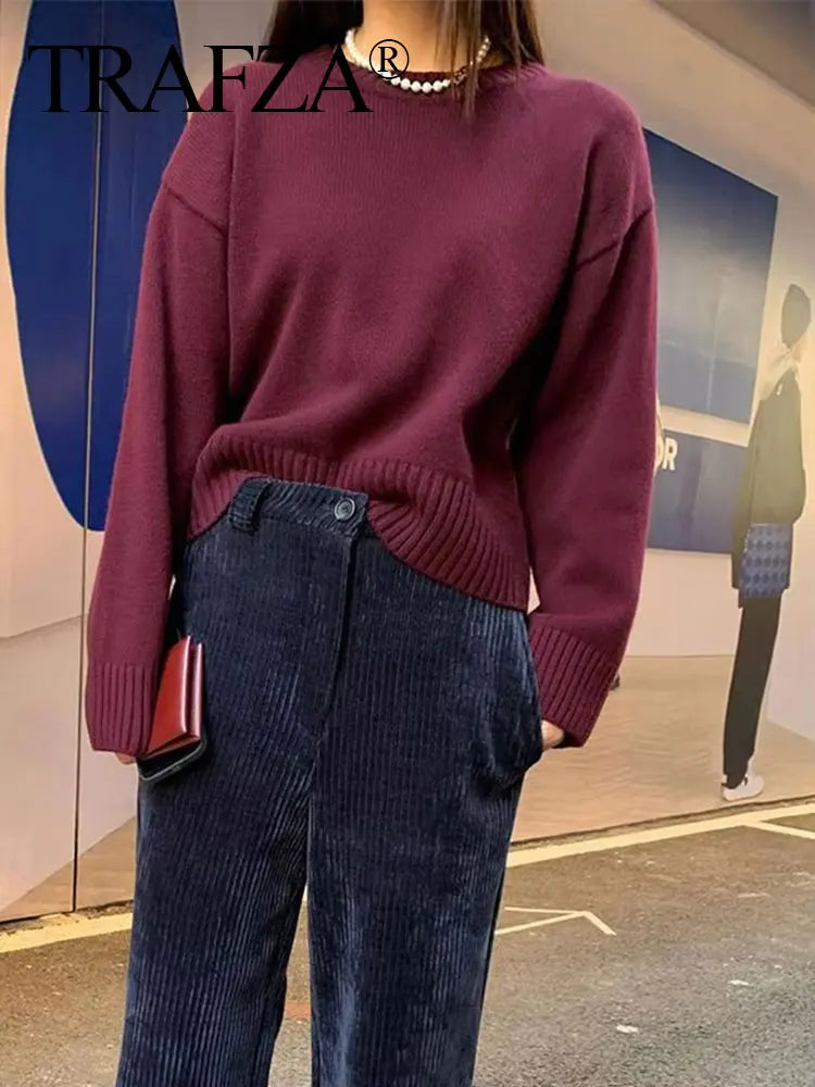 Women's Crew Neck Long-Sleeve Knit Sweater Ribbed Cuffs